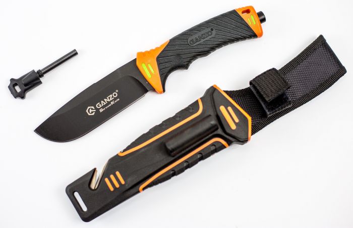 Нож для выживания с огнивом и точилкой Ganzo G8012, черно-оранжевый